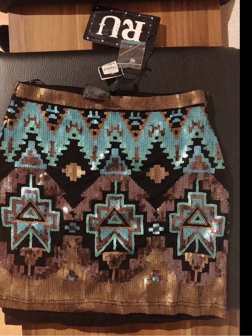 Sequin Tribal Mini Skirt in Turquoise & Bronze